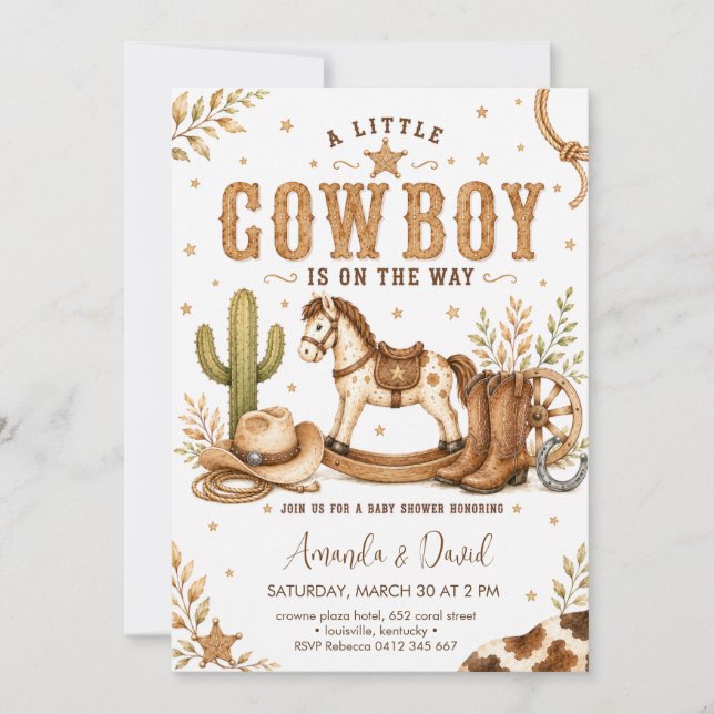 Convite Chá de Bebê Cavalinho de Pau Pequeno Cowboy (Frente)