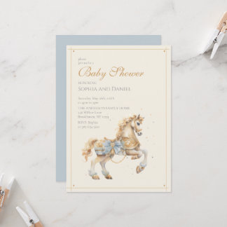 Convite Chá de Bebê Cavalo Azul Pastel Dourado