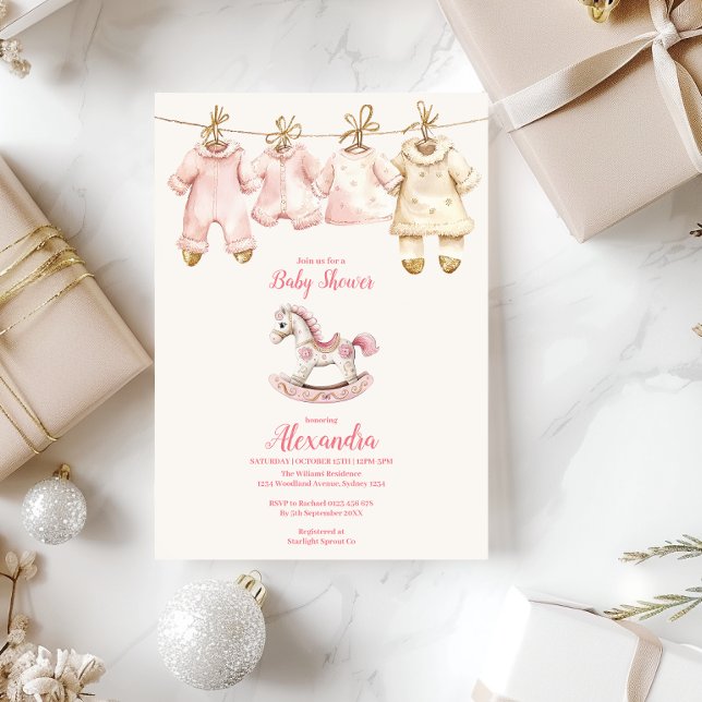 Convite Chá de Bebê Cavalo de Balanço Natal Rosa (Criador carregado)