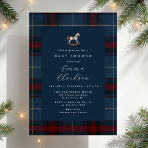 Convite Chá de Bebê Cavalo de Balanço Tártan Natal Vintage