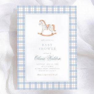 Convite Chá de Bebê Cavalo de Balanço Xadrez Azul Vintage