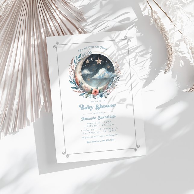 Convite Chá de Bebê Celestial Além da Lua (Over the Moon Celestial Baby Shower Invitation)