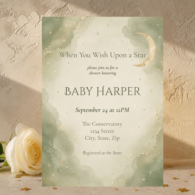 Convite Chá de Bebê Celestial em Verde Salvia e Champanhe (Soft sage and champagne celestial baby shower invitation with watercolor moon and delicate stars.)