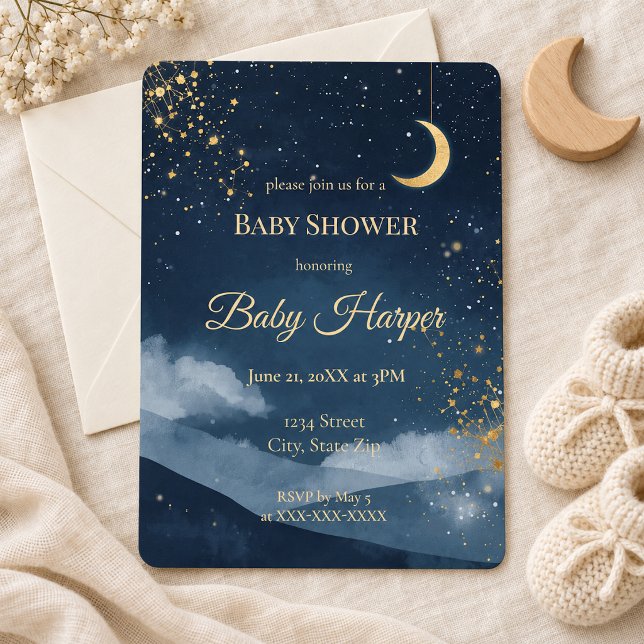 Convite Chá de Bebê Celestial Navy Dourado Lua e Estrelas (Criador carregado)