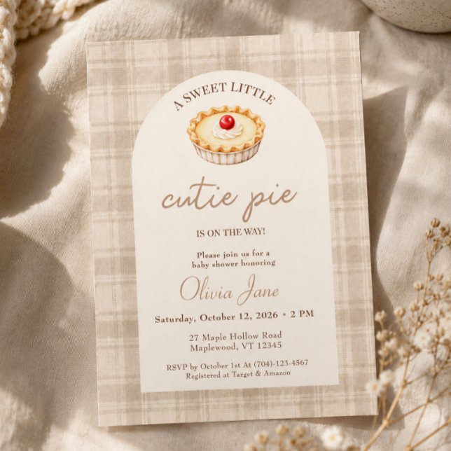 Convite Chá de Bebê Cereja Little Cutie Pie Outono Gingham (Criador carregado)