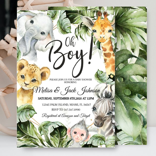 Convite Chá de bebê chá de fraldas Safari (Safari Baby Shower Baby Boy Shower invitation with jungle animals like lions, giraffes, and elephant)