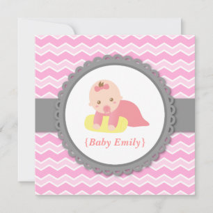 Convite Chá de Bebê - Chevron Rosa e Branco, Bebê menina