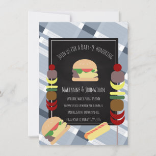 Convite Chá de Bebê Churrasco ao Ar Livre Comida Xadrez Az