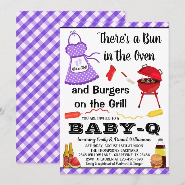 Convite Chá de Bebê Churrasco Roxo Menina (Frente/Verso)