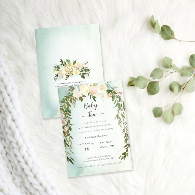 Convite Chá de Bebê Chuva de Rosas Brancas Verdes Floral (Criador carregado)