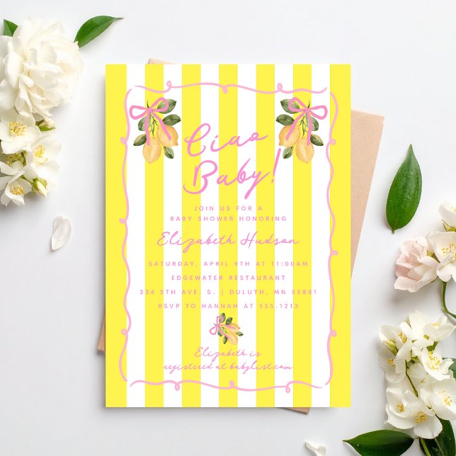 Convite Chá de Bebê Ciao Baby Faixa Amarela Limão (Ciao Baby Yellow Stripe Lemon Baby Shower Invitation)