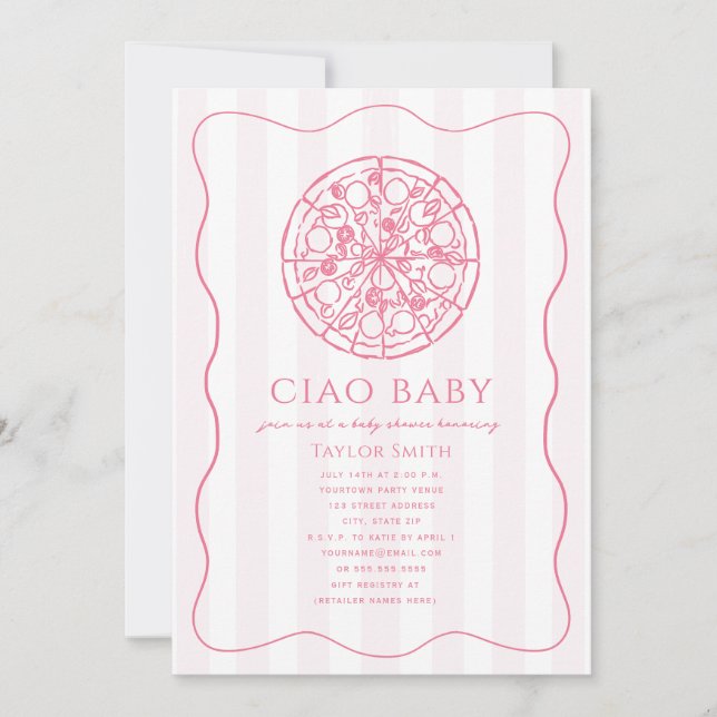 Convite Chá de Bebê Ciao Baby Rosa Menina Pizza (Frente)
