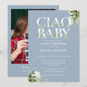 Convite Chá de Bebê Ciao Baby Verde Foto Azul Empoeirado