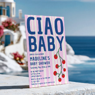 Convite Chá de Bebê Ciao Italiano Listra Rosa Azul Retrô