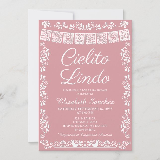 Convite Chá de Bebê Cielito Lindo Rosa Bege Papel Picado (Frente)
