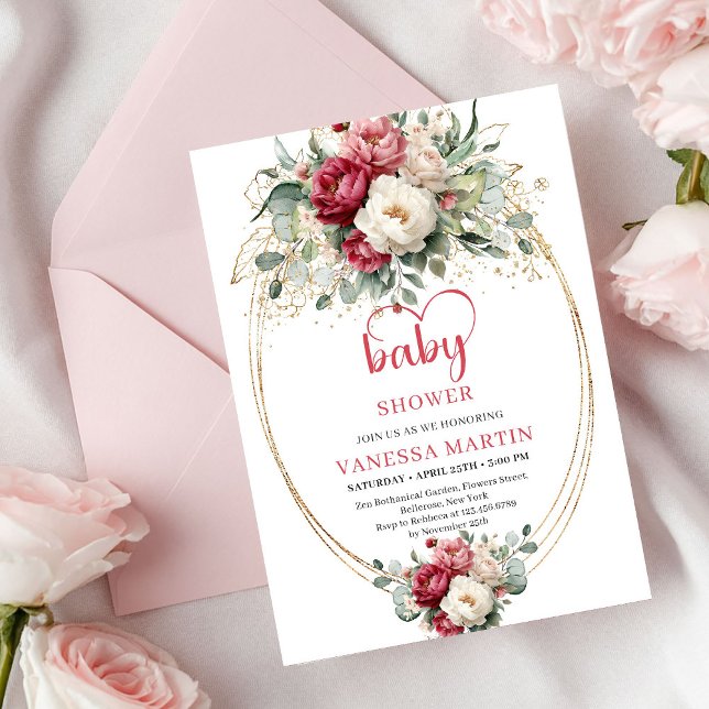 Convite Chá de Bebê Clássico Boho Vermelho Branco Floral D (Classic Boho Red White Floral Gold Baby Shower)