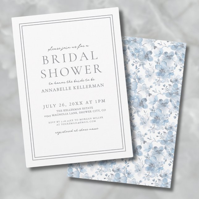 Convite Chá de Bebê Clássico Botânico Azul Empoeirado Eleg (Dusty Blue Botanical Classic Elegant Bridal Shower Invitation)