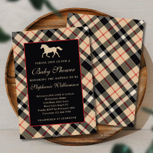 Convite Chá de Bebê Clássico Preppy Xadrez Luxo Equestre