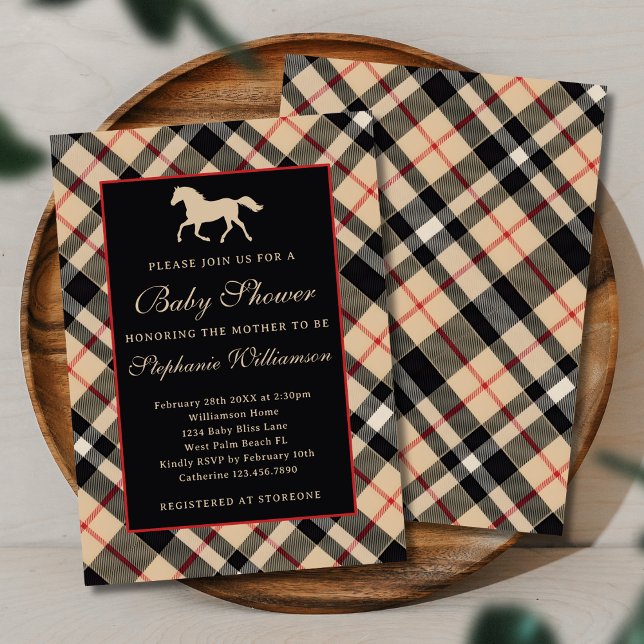 Convite Chá de Bebê Clássico Preppy Xadrez Luxo Equestre (Criador carregado)