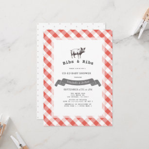 Convite Chá de Bebê Co-Ed Bibs & Ribs Rustic Red Gingham