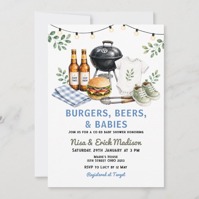Convite Chá de Bebê Co-Ed Burgers, Cervejas & Bebês  (Frente)