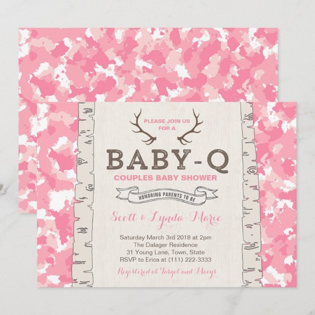Convite Chá de Bebê Co-ed Camuflagem Rosa para Menina (Frente/Verso)
