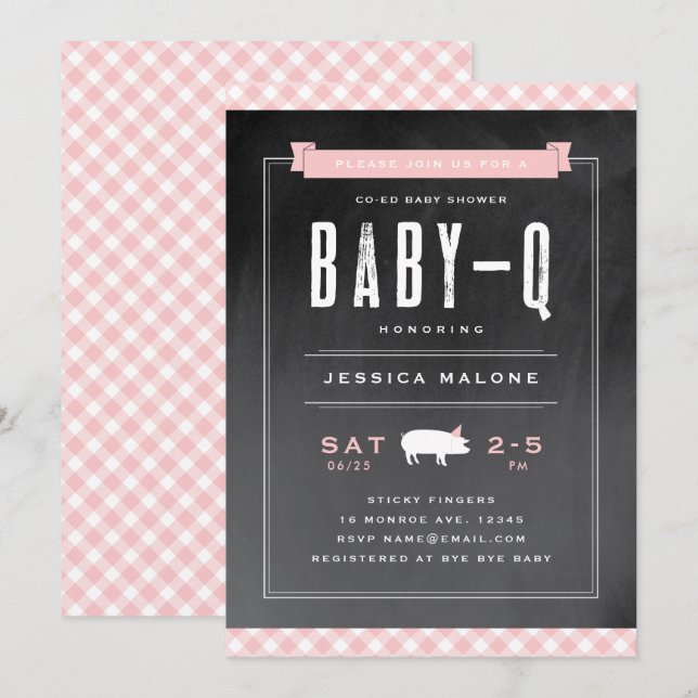 Convite Chá de Bebê Co-ed Gingham Baby BBQ (Frente/Verso)