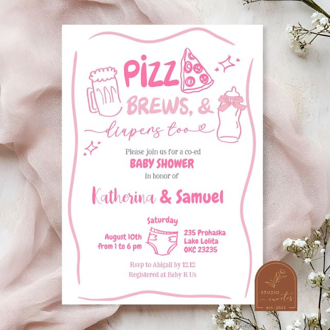 Convite Chá de Bebê Co-Ed Pink Pizza, Cervejas e Fraldas (Criador carregado)
