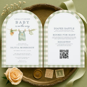 Convite Chá de Bebê Código QR de Gingham Verde Cultivado L