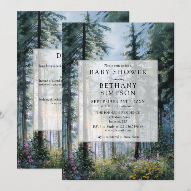 Convite Chá de Bebê Código QR Floresta Floral Aquarela (Frente/Verso)