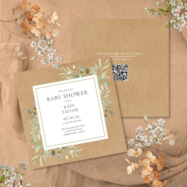 Convite Chá de Bebê Código QR Neutro Rustic Kraft Greenery (Rustic Kraft Greenery Neutral QR Code Baby Shower Invitation)