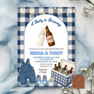 Convite Chá de Bebê Coed Blue Gingham Baby Is Brewing Beer