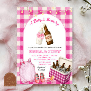 Convite Chá de Bebê Coed Pink Gingham Baby Is Brewing Beer
