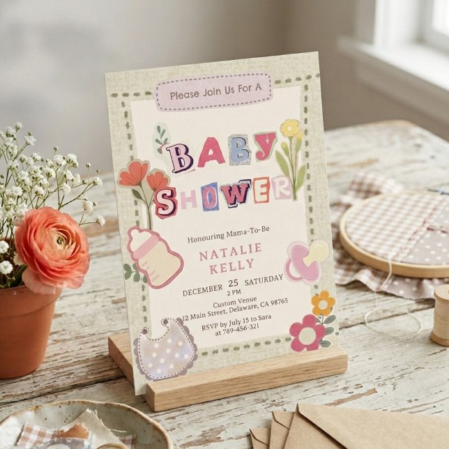 Convite Chá de Bebê Colagem de Álbum de Recortes Floral Rú (Rustic Floral Scrapbook Collage Baby Shower Invitation )