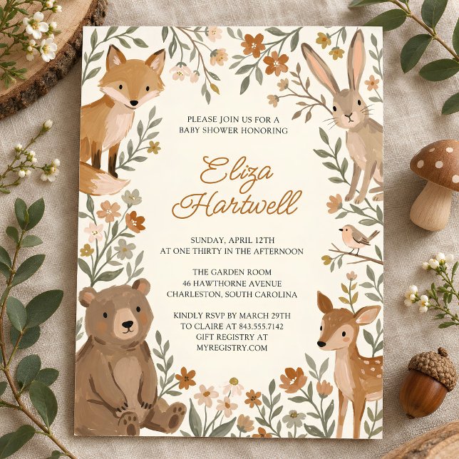 Convite Chá de Bebê com Animais da Floresta sem Gênero (woodland animals baby shower invite with bear, fox, deer and rabbit)
