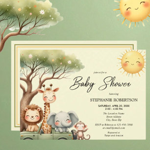Convite Chá de bebê com animais fofos da savana sem gênero