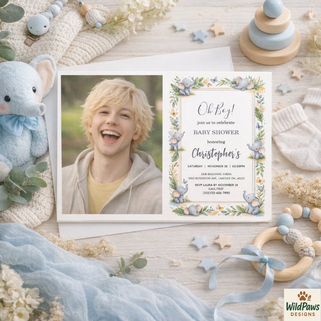 Convite Chá de Bebê com Aquarela de Elefante para Menino – (Boy’s Elephant Watercolor Baby Shower –Blue Safari Invitation
)