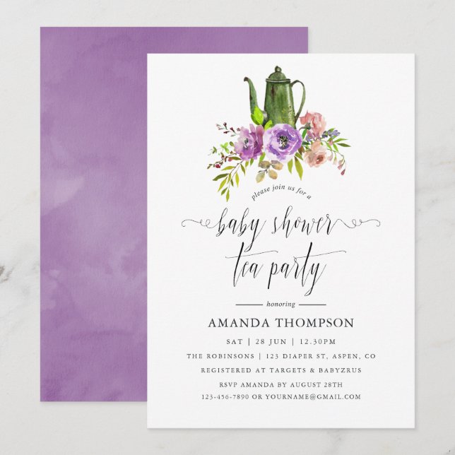Convite Chá de Bebê com Aquarela Floral de Primavera (Frente/Verso)