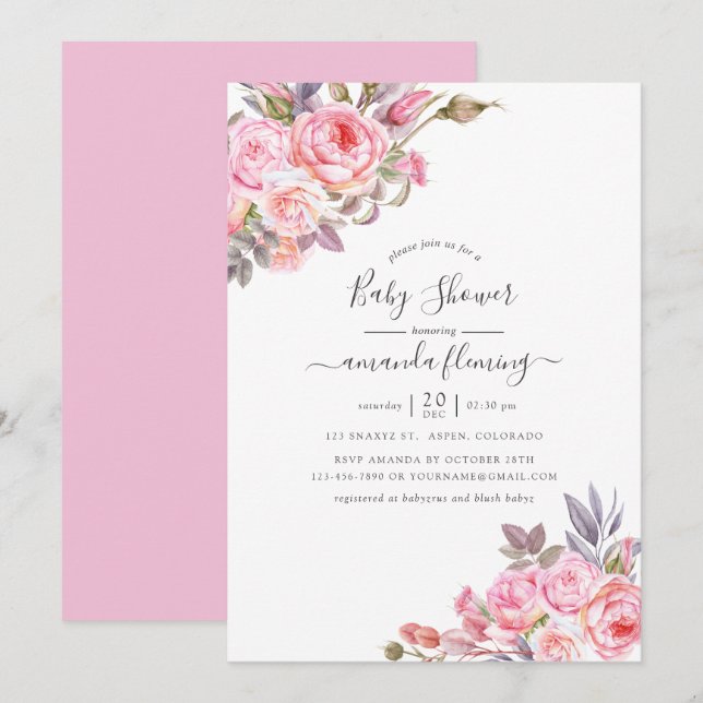 Convite Chá de Bebê com Aquarela Floral Rosa (Frente/Verso)