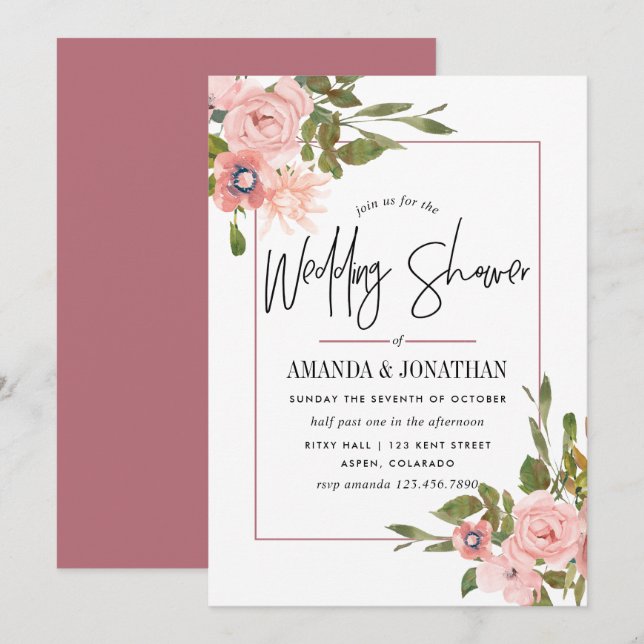 Convite Chá de Bebê com Aquarela Rosa e Dourado (Frente/Verso)