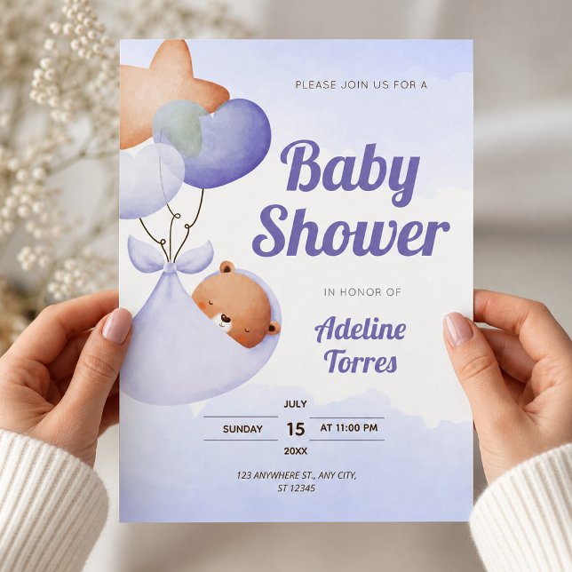 Convite Chá de Bebê com Aquarela Roxa Suave e Ursinho de P (Soft Purple Watercolor Baby Shower with Teddy Bear Invitation, Baby on the Way)