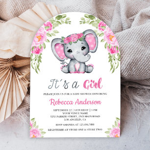 Convite Chá de Bebê com Arco de Elefante Floral Rosa Fofo