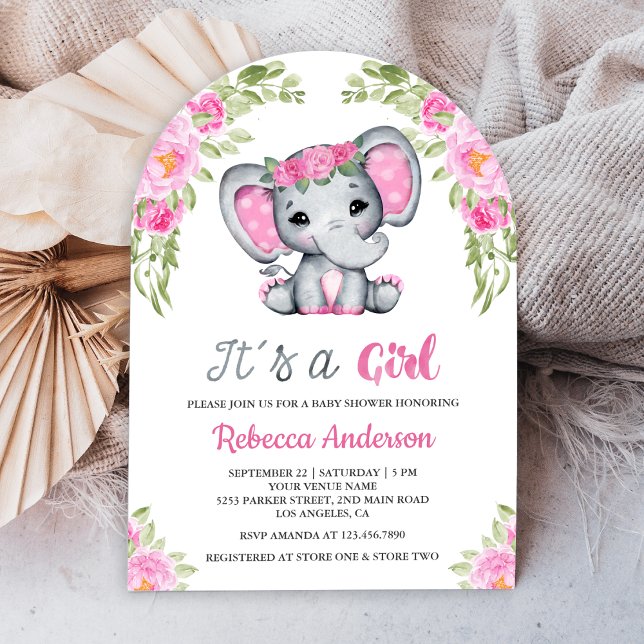 Convite Chá de Bebê com Arco de Elefante Floral Rosa Fofo (Criador carregado)