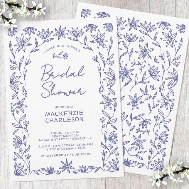 Convite Chá de Bebê com Arco de Flor Silvestre Azul Medite (Mediterranean blue and white wildflower floral line art bridal shower invitation)