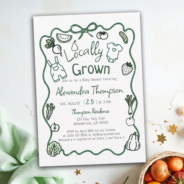 Convite Chá de Bebê com Arco Desenhado à Mão de Produtos L (locally grown baby shower invitation hand drawn bow frame produce farm fresh green clothes)