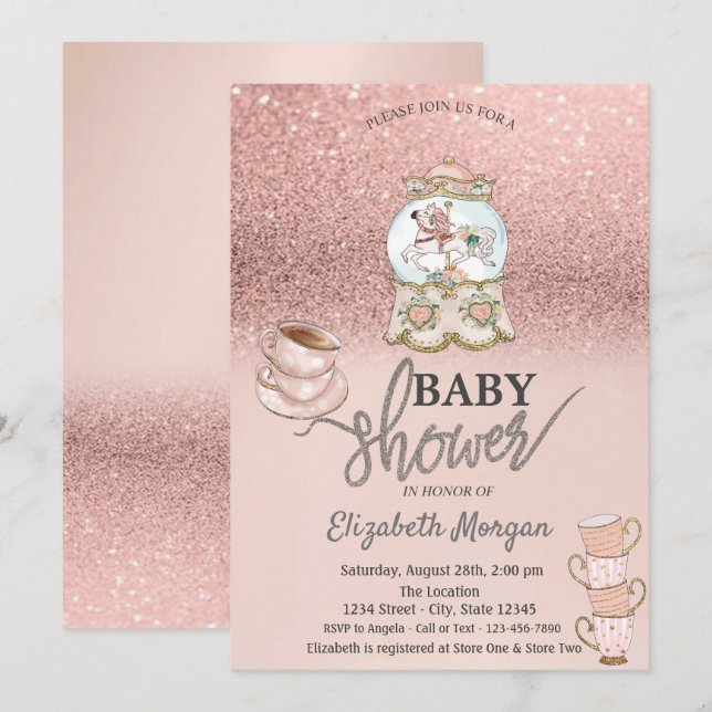 Convite Chá de Bebê com Brilho em Rose Gold (Frente/Verso)