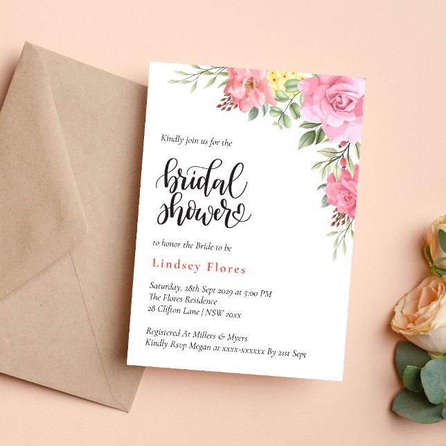 Convite Chá de Bebê com Flores de Pêssego e Folhagens Rosa (Peach floral rose greenery invitation creates a warm, romantic bridal shower tone)