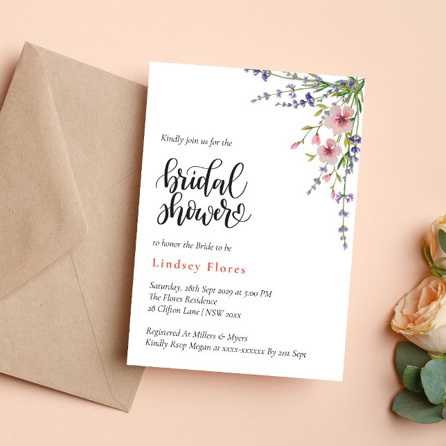 Convite Chá de Bebê com Flores Silvestres Rosa Suave e Fol (Soft pink wild flowers and greenery invitation creates a fresh, romantic bridal shower tone)