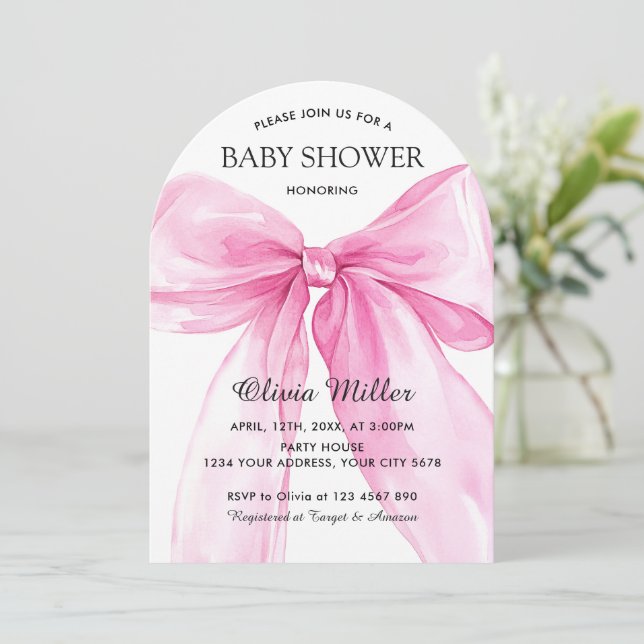 Convite Chá de Bebê com Laço Rosa (Em pé/Frente)