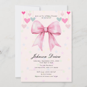 Convite Chá de Bebê com Laço Rosa   Aquarela Elegante